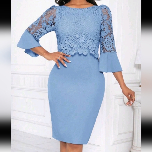 Women Simple Elegant Solid Color Patchwork Lace Bell Sleeve Fitted Midi Dress - Picture 1 of 5